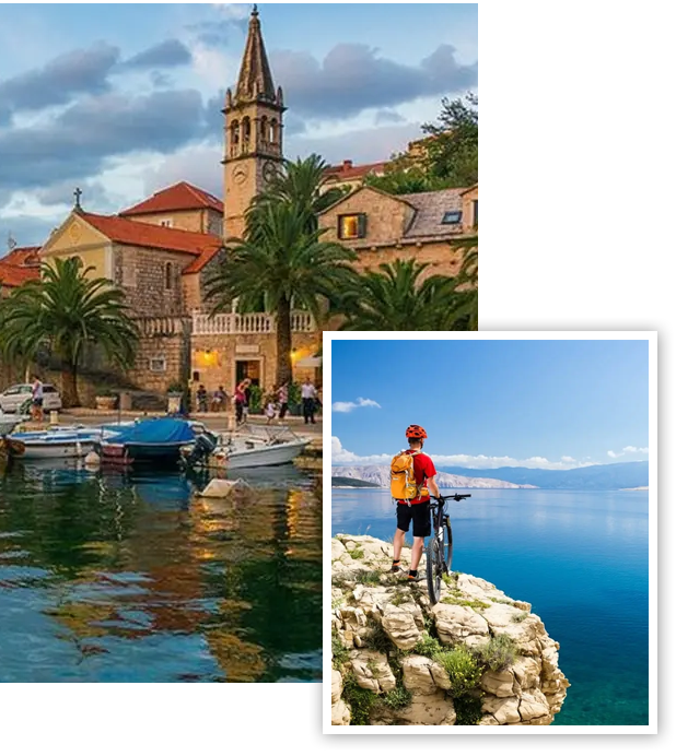 Town in Croatia next to bicyclist looking to sea